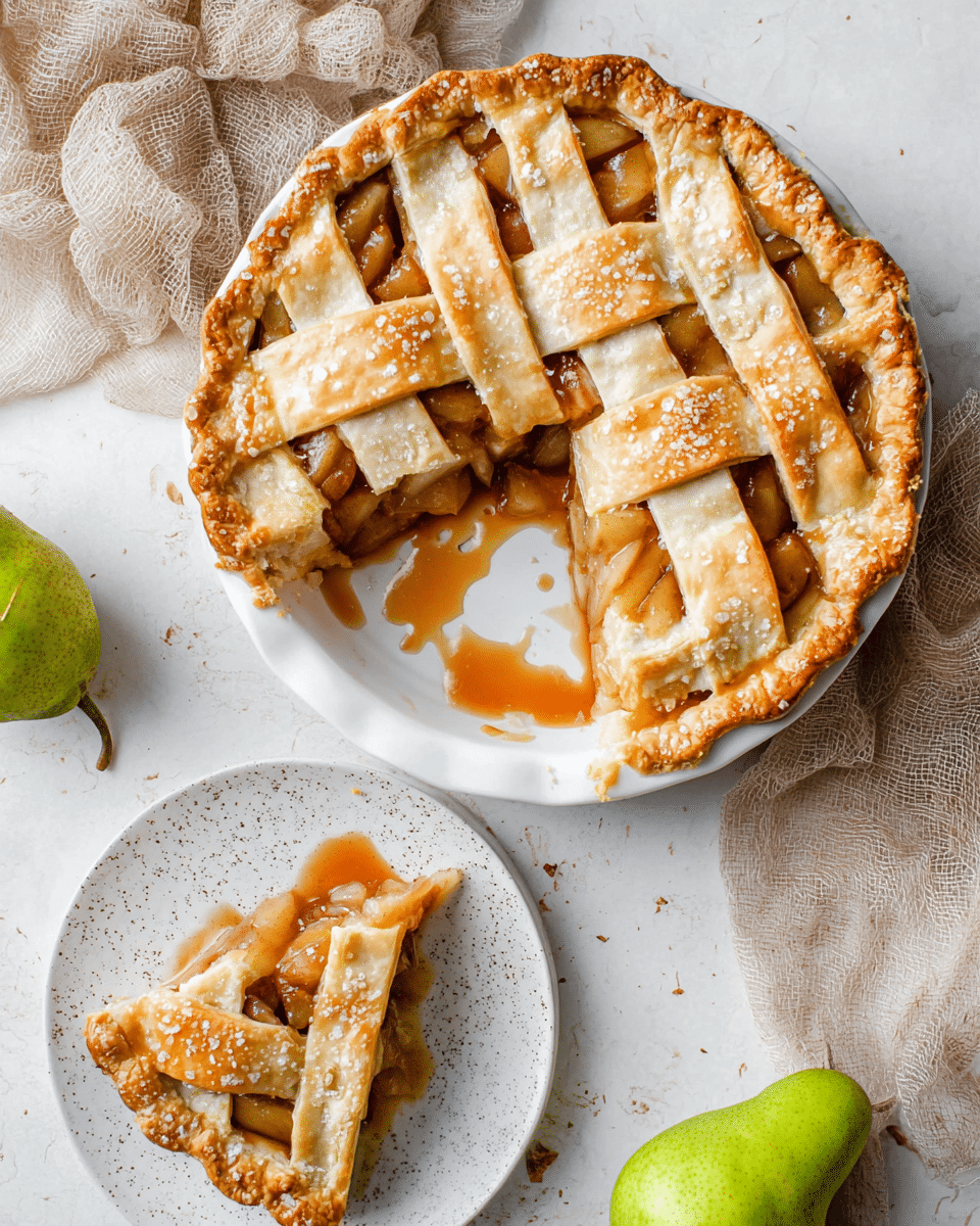 A close-up image of a single slice of apple pie on a white plate, placed on a white marbled surface. The pie has a golden brown crust with a slightly crimped edge, filled with chunky, cooked apple pieces mixed with a glossy, cinnamon-spiced sauce visible through the open top crust. On top of the pie slice, there is a scoop of creamy white vanilla ice cream sprinkled lightly with cinnamon, slightly melting and softening the pie crust underneath. In the blurred background, there are two green apples and silver cutlery. Photo taken with an iphone --ar 4:5 --v 7