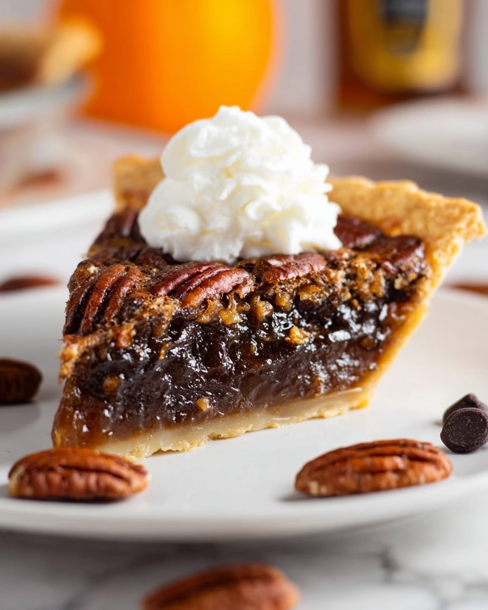 A close-up of a single slice of pecan pie on a white plate with a white marbled texture surface, showing three main layers: a light golden brown crust at the bottom, a thick dark brown, shiny pecan filling in the middle, and pecan halves embedded on top of the filling with a slightly caramelized look. On top of the pie slice is a white dollop of whipped cream, soft and fluffy. Around the plate are scattered whole pecan halves and a few small dark brown chocolate chips. The background is softly blurred with a warm orange object. Photo taken with an iphone --ar 4:5 --v 7