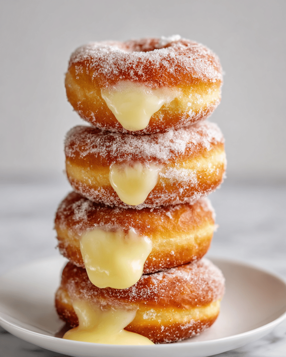 A stack of four golden brown donuts covered with a light layer of sugar crystals sits in the center of a white plate on a white marbled surface. Each donut is filled with creamy pale yellow custard that oozes out slightly, creating a smooth and glossy texture against the rough sugar coating. The custard filling is visible on the side of each donut, with the bottom donut showing a bit of custard dripping down onto the plate. The donuts have a soft and slightly uneven surface, showing their fresh and homemade look. photo taken with an iphone --ar 4:5 --v 7