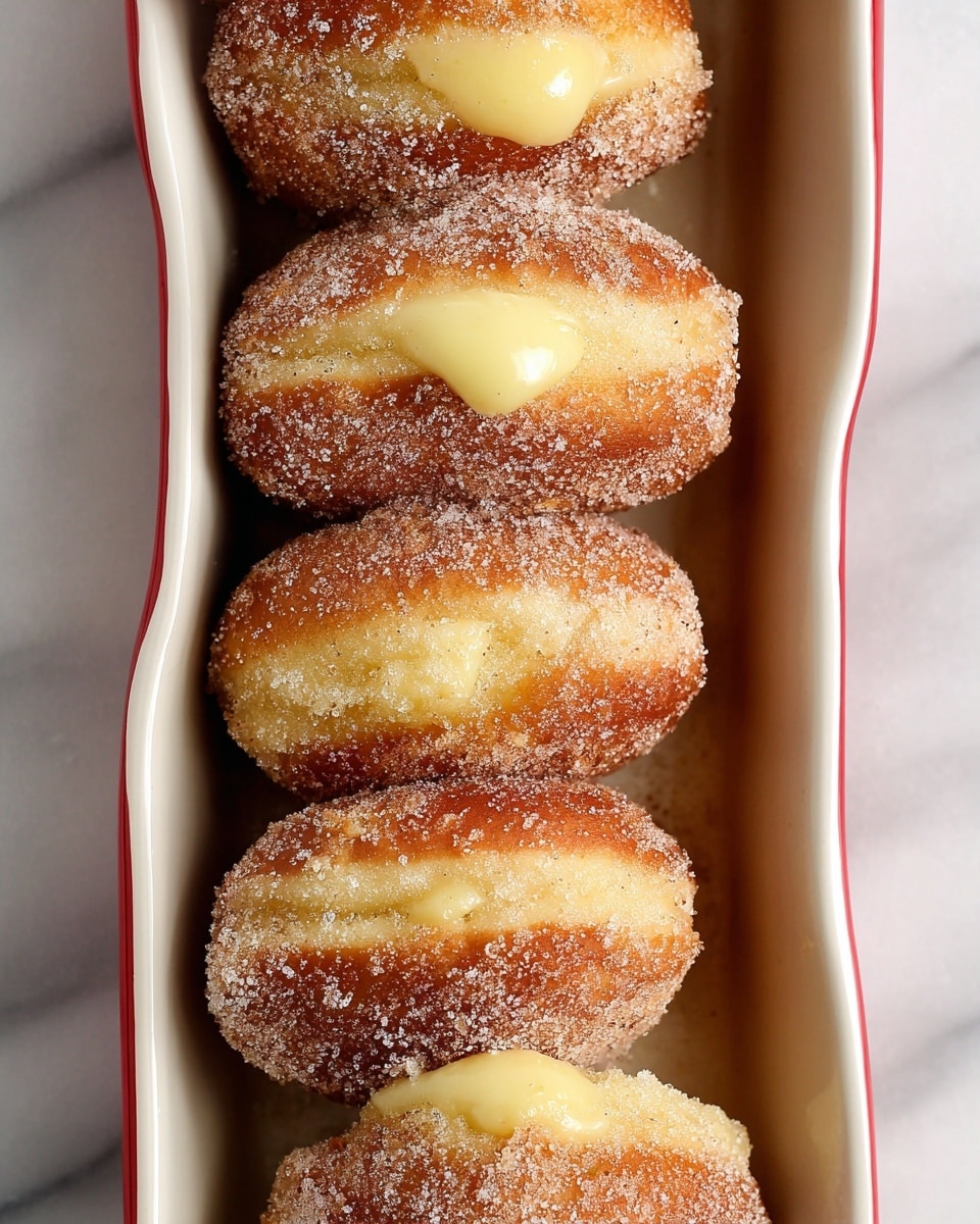 A close-up top view of five sugar-coated cream-filled donuts placed neatly in a white rectangular dish. Each donut is golden brown with a rough sugar-coated texture on the outside and a smooth, pale yellow creamy filling that is visible from the top, slightly oozing out. The donuts are arranged in a single row, touching each other inside the dish, which has slightly wavy edges. The dish rests on a white marbled surface. photo taken with an iphone --ar 4:5 --v 7