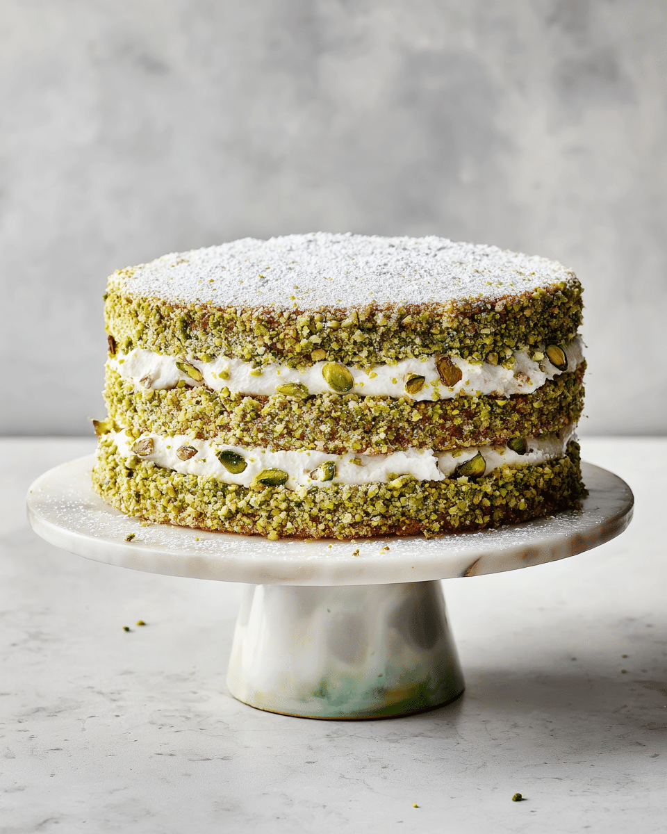 A four-layer round cake sits on a white marbled textured cake stand. Each cake layer is covered with crushed green pistachios, giving a rough and textured look. Between each cake layer, there is a thick layer of light-colored cream that looks soft and fluffy with small bits of pistachio mixed in. The top layer is dusted lightly with powdered sugar, adding a delicate white touch over the green pistachios. The background is simple with a soft light gray tone, and the cake stand has a glossy finish with subtle greenish highlights at the base, placed on a white marbled textured surface. Photo taken with an iphone --ar 4:5 --v 7