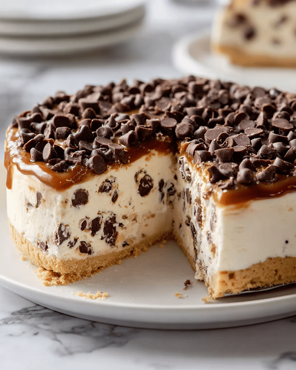 A creamy, no-bake cheesecake with three visible layers is shown on a white plate sitting on a white marbled surface. The bottom layer is a thick, golden cookie crust. The middle layer is a smooth, white cheesecake filling mixed evenly with small pieces of chocolate, giving it a speckled look. The top layer is a glossy, creamy caramel topping covered with a generous amount of dark chocolate chips, which vary in size and texture, creating a rich and inviting top. The photo taken with an iphone --ar 4:5 --v 7