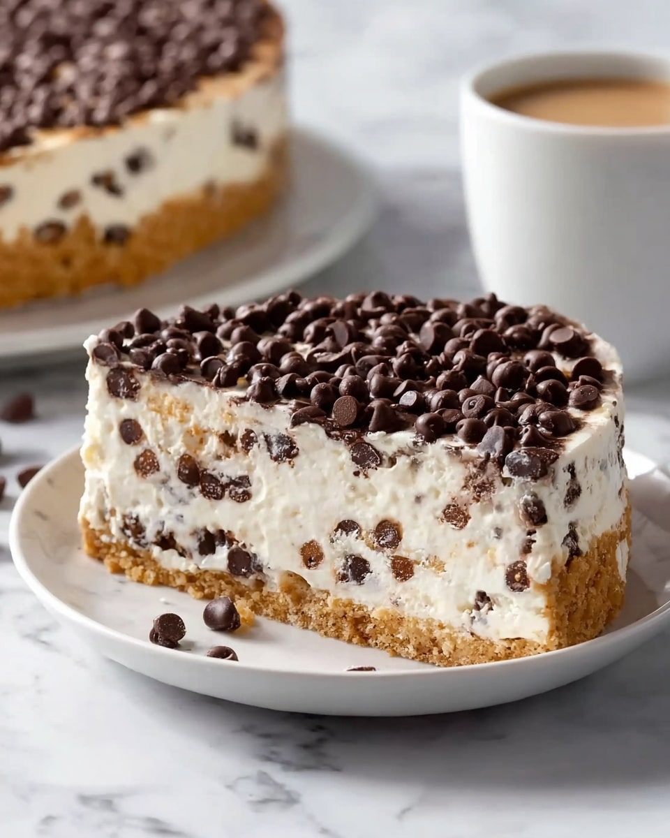 A round dessert with three layers is shown on a white plate sitting on a white marbled surface. The bottom layer is a golden brown crumb crust, firm and even in thickness. The middle layer is thick, white, fluffy cream mixed with small dark chocolate chips spread throughout. The top layer is covered densely with smooth, dark chocolate chips, creating a rich texture on top. In the background, another similar dessert and a white cup with a light brown drink are slightly out of focus. photo taken with an iphone --ar 4:5 --v 7