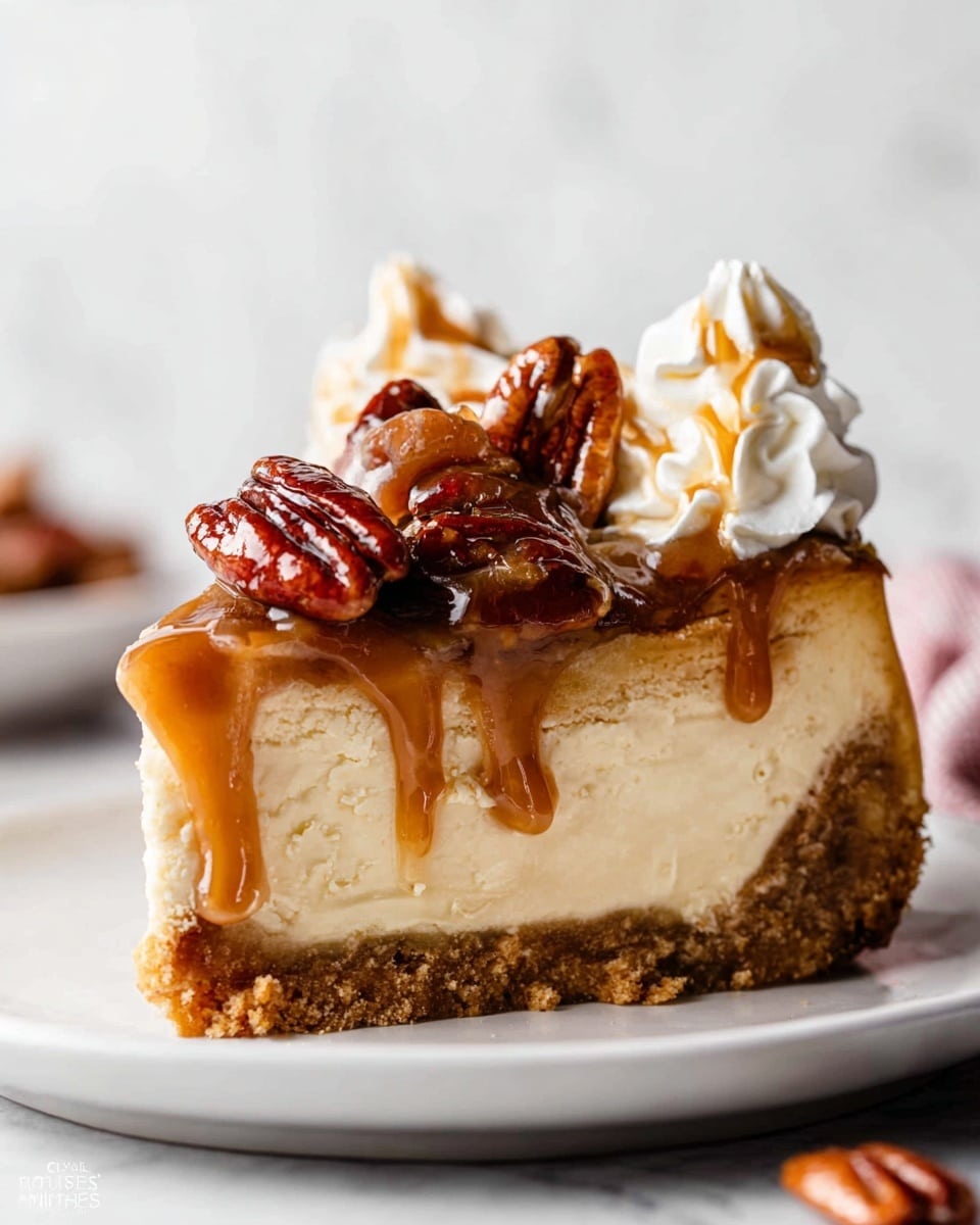 A slice of creamy light brown cheesecake with a crumbly golden crust at the bottom sits on a white plate on a white marbled texture. The cheesecake is topped with a glossy, rich caramel layer holding whole, glossy pecans that have a reddish-brown color. Small peaks of white whipped cream with a soft texture are placed on top, with a thin drizzle of caramel running over them. The layers are distinct with the crumbly crust base, smooth cheesecake center, shiny caramel pecan topping, and soft whipped cream on top. Photo taken with an iphone --ar 4:5 --v 7