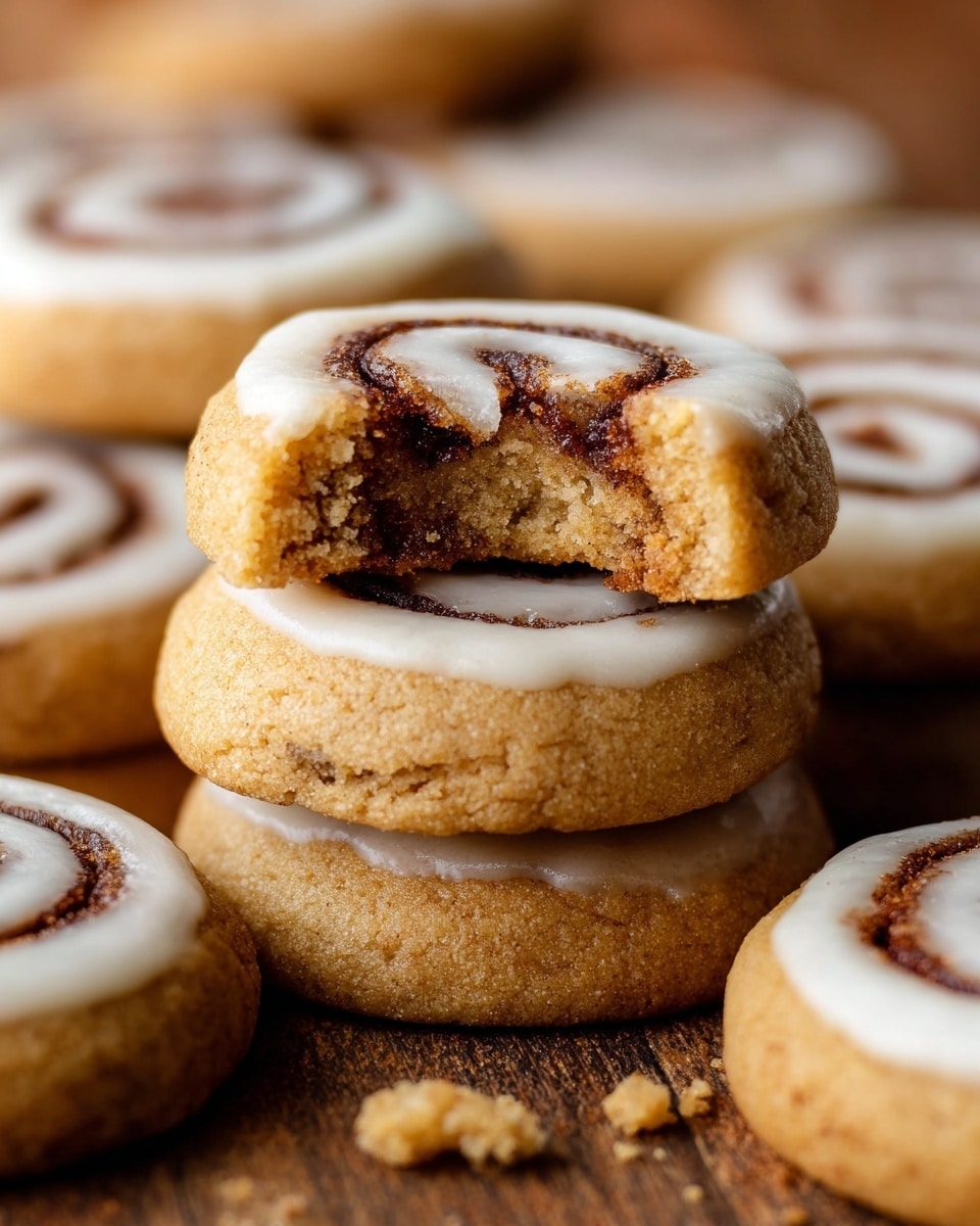 The image shows soft cinnamon roll cookies stacked in the center with a bitten cookie on top revealing a crumbly tan outer layer and a darker brown cinnamon swirl inside. Each cookie has a round shape with a light tan color and a spiral of darker cinnamon brown in the middle. Some cookies are topped with a smooth, white icing layer that covers part of the surface. The cookies are resting on a wooden surface with a few crumbs scattered around, and the background is filled with more cookies, all in focus but softer towards the edges. photo taken with an iphone --ar 4:5 --v 7