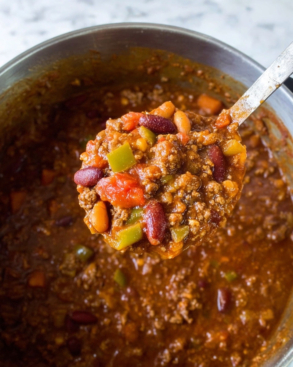 A close-up view of a large pot filled with thick chili showing several layers of ingredients: the bottom layer is a rich, dark brown sauce with a slightly glossy texture, mixed with chunks of red tomatoes and orange beans. The middle layer shows cooked ground beef in small crumbles with a dry, crumbly texture, mixed with bright green pieces of bell pepper and yellow beans. The top layer is a thick mix of all ingredients coated in sauce, held by a metal spoon, highlighting the colors orange, red, brown, green, and yellow. The pot is silver, and the background surface is a white marbled texture. photo taken with an iphone --ar 4:5 --v 7