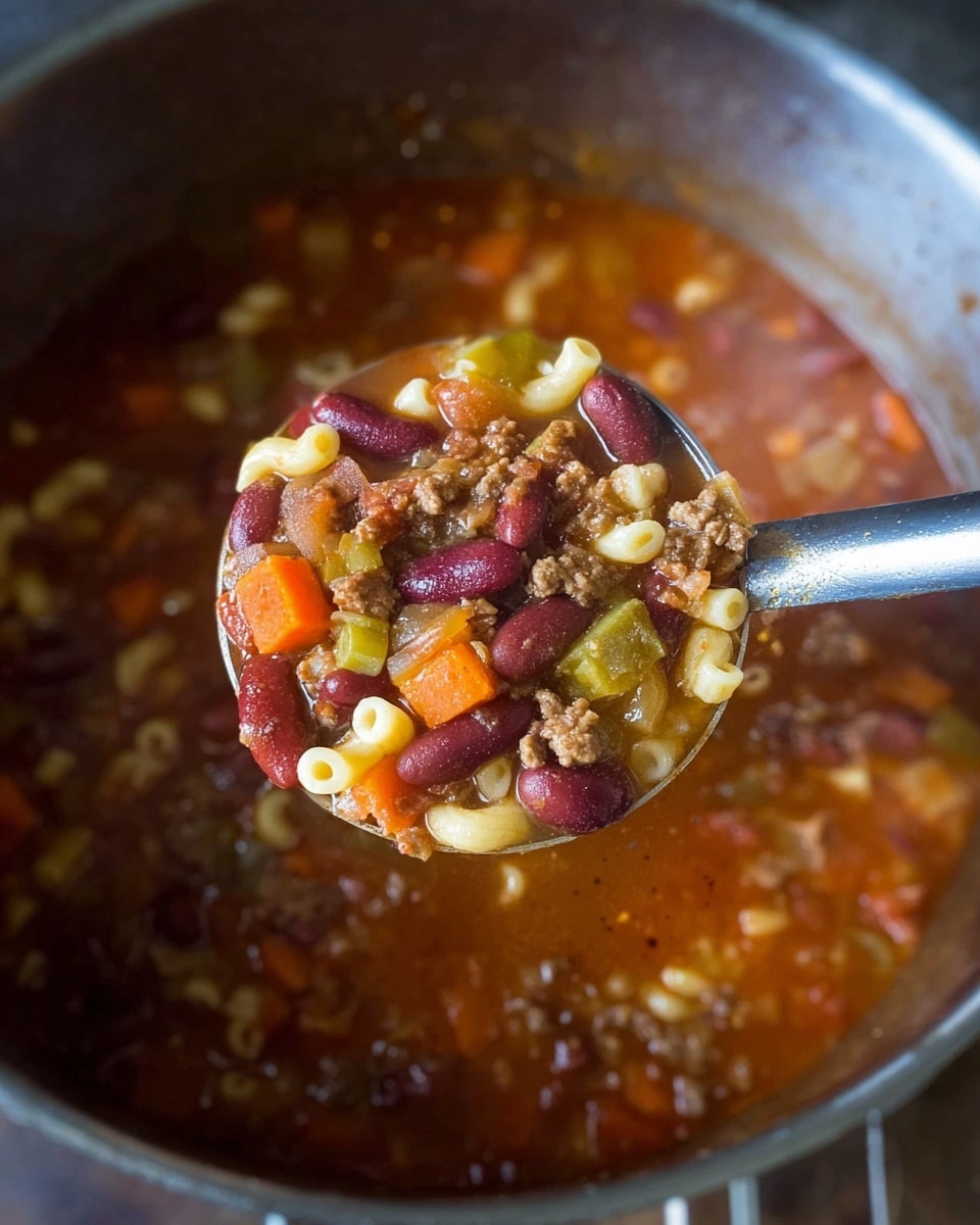 A close-up of a thick soup in a large silver pot shows a mix of layers: dark red kidney beans, small tube-shaped yellow pasta, ground brown meat, diced bright orange carrots, and light green celery pieces, all held together in a rich reddish-brown broth. A shiny silver ladle lifts a scoop filled with the same ingredients, showing the chunky and hearty texture of the soup clearly. The background is slightly blurred, focusing on the detailed soup layers inside the pot. photo taken with an iphone --ar 4:5 --v 7