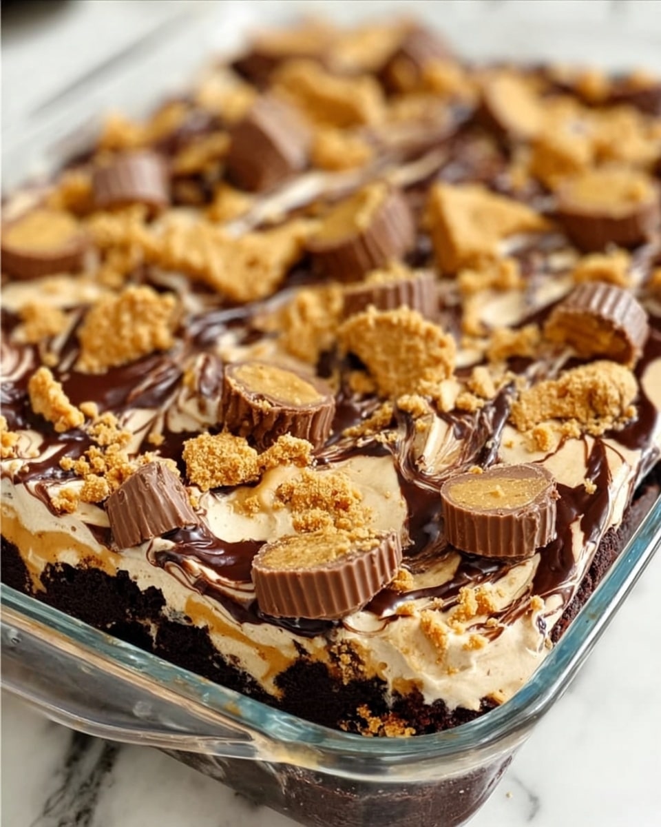 A close-up view of a layered dessert in a clear glass rectangular dish, featuring a dark brown base, likely chocolate brownie or cake. Above the base is a layer of creamy, light beige peanut butter filling mixed with swirls of dark chocolate syrup. The top is covered with crumbled light brown peanut butter cups, some whole, some cut in half, scattered unevenly over the creamy layer. The dessert has a textured and rich appearance with a mix of smooth, crumbly, and gooey layers all visible. The surface under the dish is a white marbled texture. photo taken with an iphone --ar 4:5 --v 7