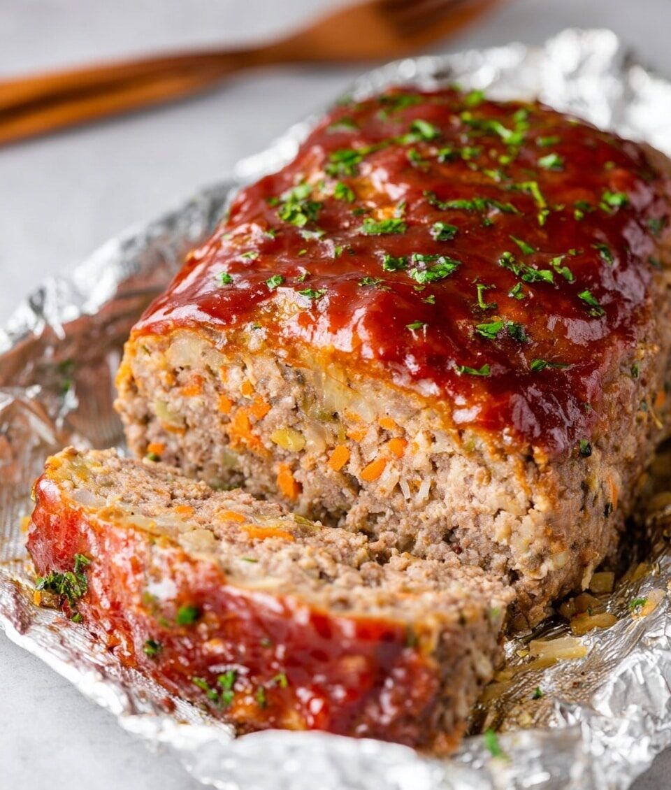 A close-up of a cooked meatloaf placed on crinkled aluminum foil over a white marbled surface, showing one slice cut out and resting slightly in front. The top layer has a shiny, thick reddish-brown glaze with small bits of herbs sprinkled on it, giving it a juicy look. The inside of the meatloaf shows a coarse texture with finely chopped orange carrots and bits of green herbs mixed in the light brown cooked ground meat. In the background, a wooden fork is partially visible. The photo taken with an iphone --ar 4:5 --v 7