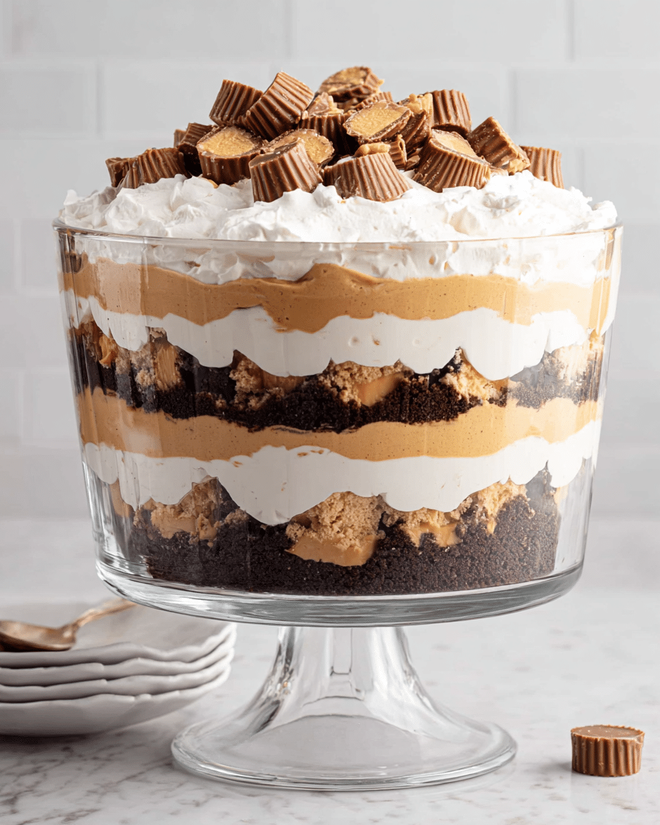 A tall clear glass trifle bowl on a glass stand holds a layered dessert with five visible layers. The bottom layer is dark chocolate crumb mixed with small peanut butter cups. Above that is a smooth, creamy peanut butter layer in light tan color. The middle layer is a white whipped cream, followed by another tan peanut butter layer. On top of that is a thick, fluffy white whipped cream layer spread unevenly. The dessert is finished with a pile of halved peanut butter cups scattered on the whipped cream surface. The bowl sits on a white marbled texture background with soft, bright lighting. photo taken with an iphone --ar 4:5 --v 7