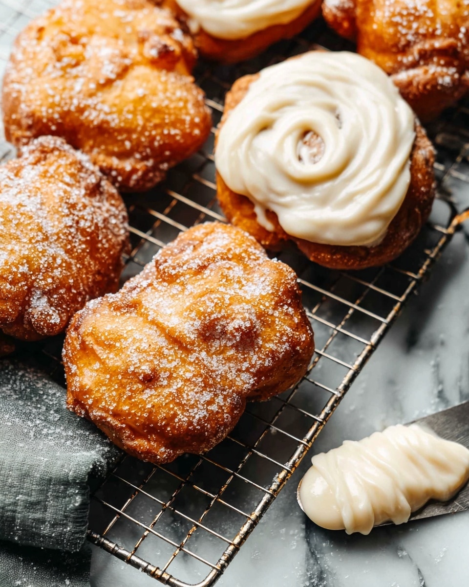 Several golden-brown fried pastries lie on a metal cooling rack over a white marbled surface. The pastries are irregular in shape with a crispy, textured surface sprinkled lightly with powdered sugar. Two of the pastries have a thick layer of creamy white icing with visible swirls on top, giving a smooth contrast to the rough fried dough. A metal spatula near the edge holds a dollop of the same creamy icing. The overall colors are warm, with deep orange-brown tones on the pastries and creamy white highlights from the icing and sugar. photo taken with an iphone --ar 4:5 --v 7