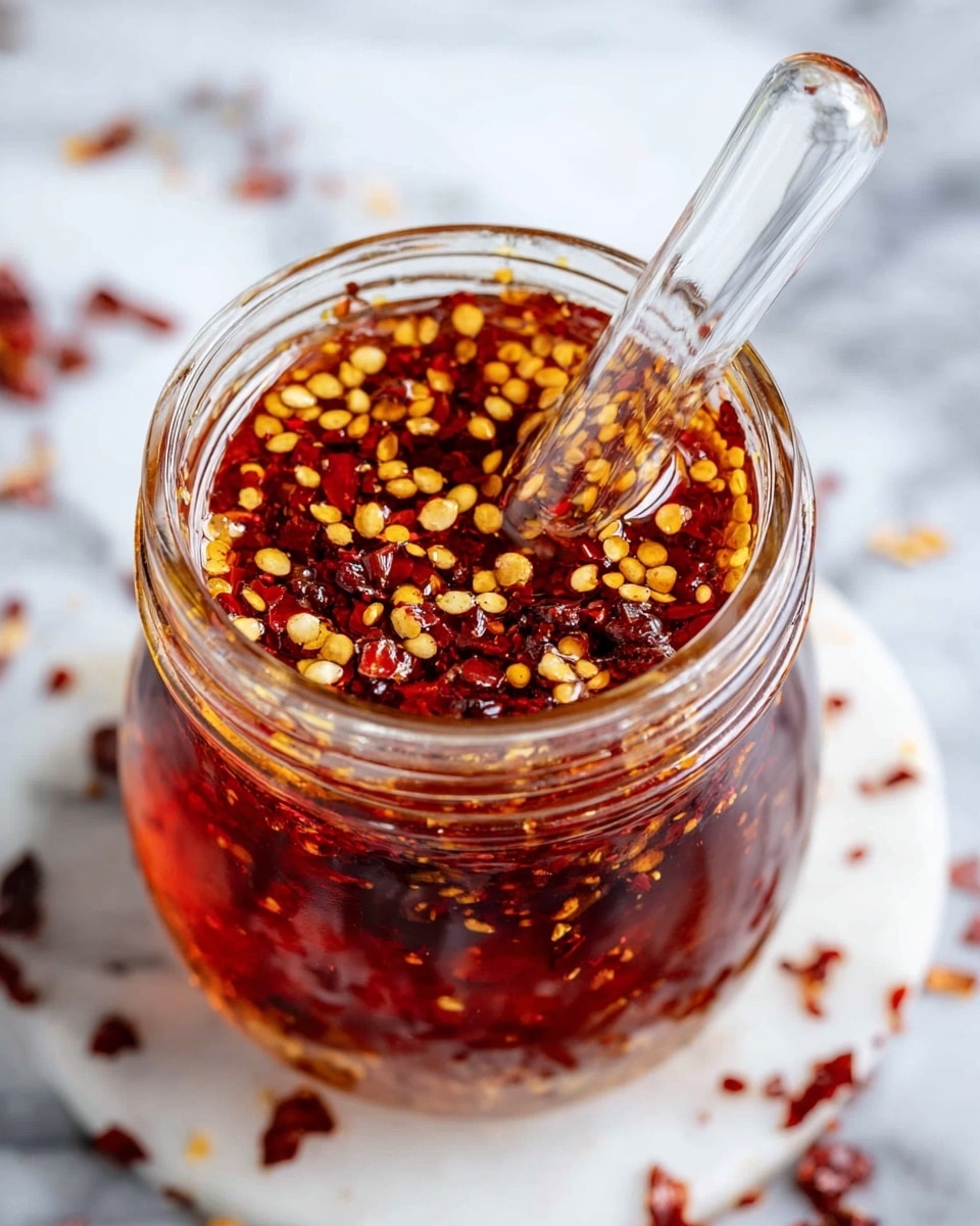 A clear glass jar filled with a shiny, deep red chili oil that has small yellow chili seeds and tiny red chili flakes mixed evenly throughout. On top of the oil, the chili seeds and flakes float slightly, creating a textured layer. A clear glass stirrer is dipped into the jar, resting on the rim and immersed in the oil. The jar is placed on a white marbled surface, with scattered red chili flakes nearby, giving a fresh and spicy visual feel. Photo taken with an iphone --ar 4:5 --v 7