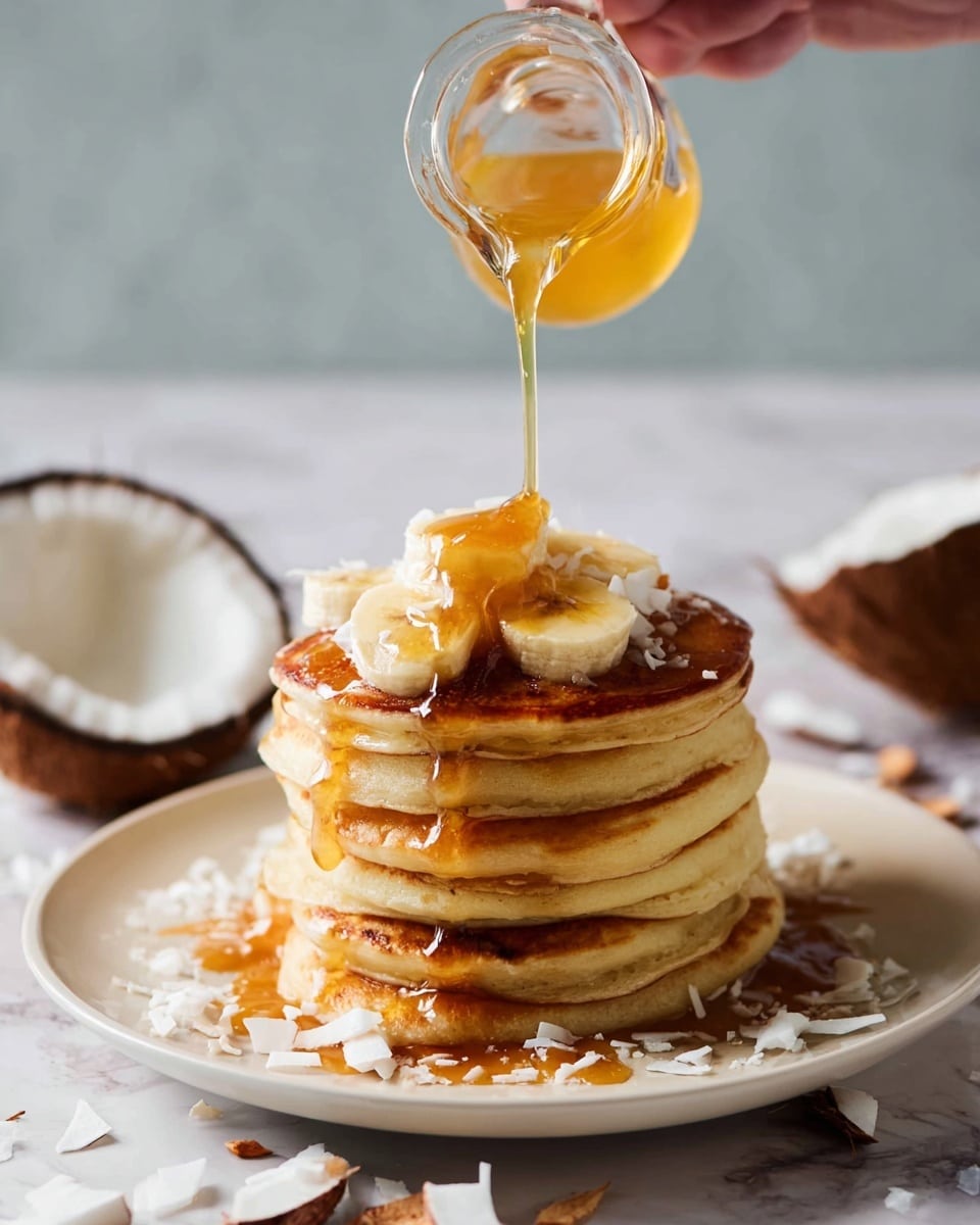 A tall stack of six golden brown pancakes sits in the middle of a white plate, each pancake thick and fluffy with soft edges. On top, several slices of banana are neatly placed, covered by a thick stream of golden syrup being poured from a clear glass pitcher held by a woman's hand from above. The syrup flows down the sides of the pancakes, creating a shiny, sticky glaze with visible drips. Small shreds of white coconut are sprinkled over the stack and plate. Around the plate, pieces of cracked coconut shells and coconut chunks lie scattered on a white marbled surface. Photo taken with an iphone --ar 4:5 --v 7