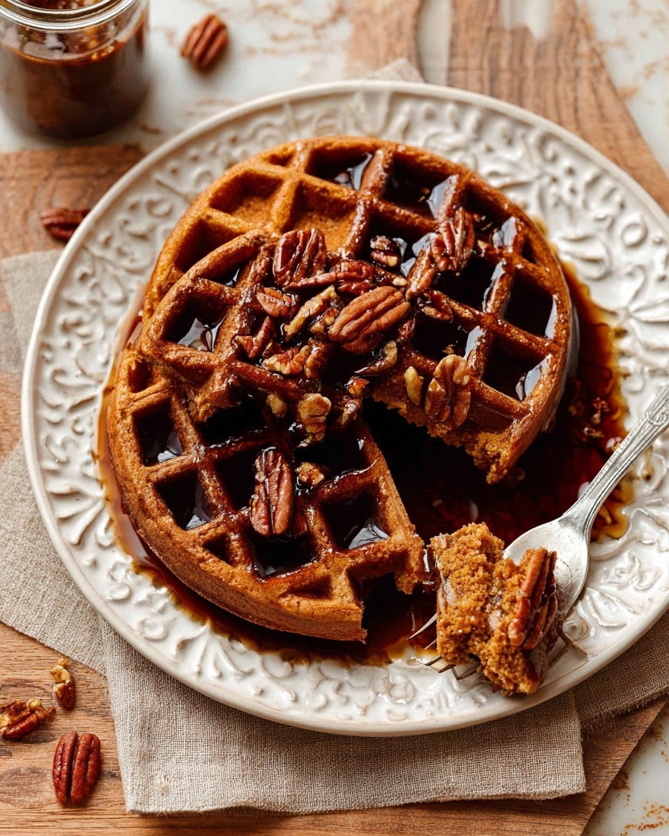 Two brown waffles sit on a white decorative plate with a drizzle of dark syrup pooled in the waffle pockets and on the plate. The top waffle has a bite taken out of one corner, showing a soft, textured inside. Pecans, dark brown and glossy from syrup, are scattered on top of both waffles. A fork holding a small piece of waffle rests on the plate at the bottom right side. The plate is set on a beige cloth over a wooden table with a white marbled texture surface visible. Photo taken with an iphone --ar 4:5 --v 7