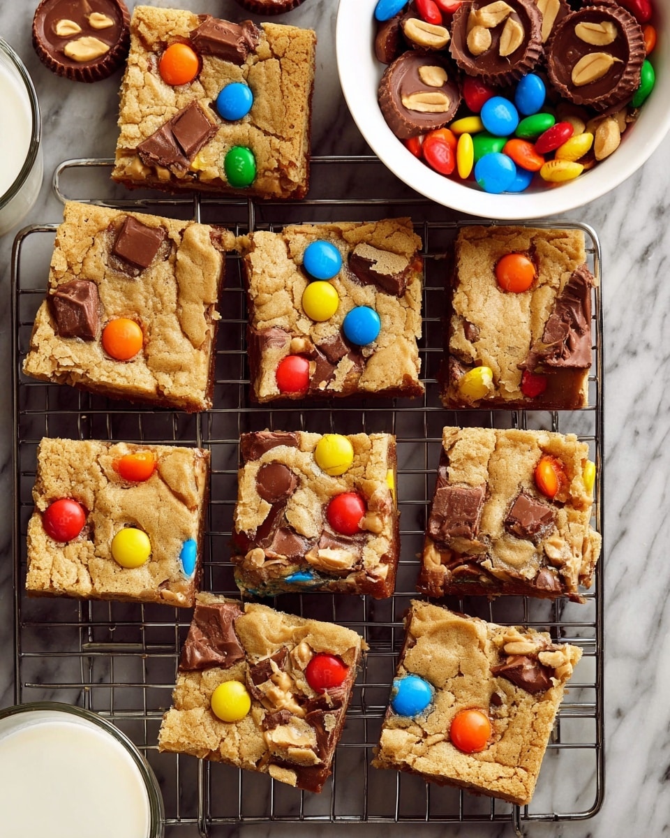 The image shows ten square blondie bars arranged on a dark cooling rack over a white marbled surface. Each blondie has a golden-brown crumbly texture with chunks of melted chocolate and colorful candy-coated chocolates embedded in the top layer. The candy pieces are scattered unevenly, showing bright red, orange, blue, yellow, and green colors, and some pieces of peanut candy bars are also visible, cut in half to reveal the nutty filling. On the top right corner, a white bowl filled with similar colorful candy pieces and chocolate peanut cups sits next to the blondies. On the top left and bottom right corners, parts of two glasses of milk are slightly visible. photo taken with an iphone --ar 4:5 --v 7