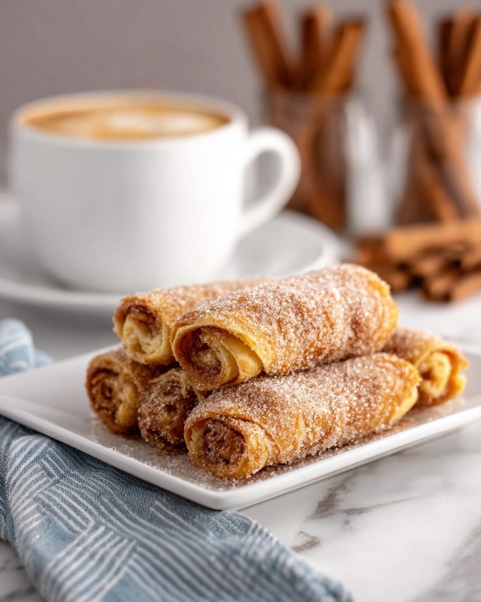 A white rectangular plate holds two neat layers of golden brown rolled pastries coated in a light dusting of sugar and cinnamon, the rolled edges showing flaky, layered dough inside. The background features a white cup filled with frothy coffee on a white saucer, with blurred cinnamon sticks standing upright behind it, all set on a white marbled surface. A soft blue and white striped cloth rests near the plate. photo taken with an iphone --ar 4:5 --v 7