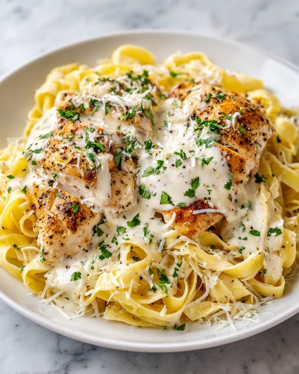A round white plate filled with a base layer of creamy yellow fettuccine pasta piled in a loose nest shape. On top of the pasta, there are two pieces of golden brown cooked chicken breasts covered with a smooth white sauce. The dish is garnished with small green parsley leaves sprinkled evenly, and finely shredded white cheese lightly covering both the chicken and pasta. Small black pepper flakes are visible as small dark specks mostly on the chicken and pasta. The plate is placed on a white marbled surface. photo taken with an iphone --ar 4:5 --v 7