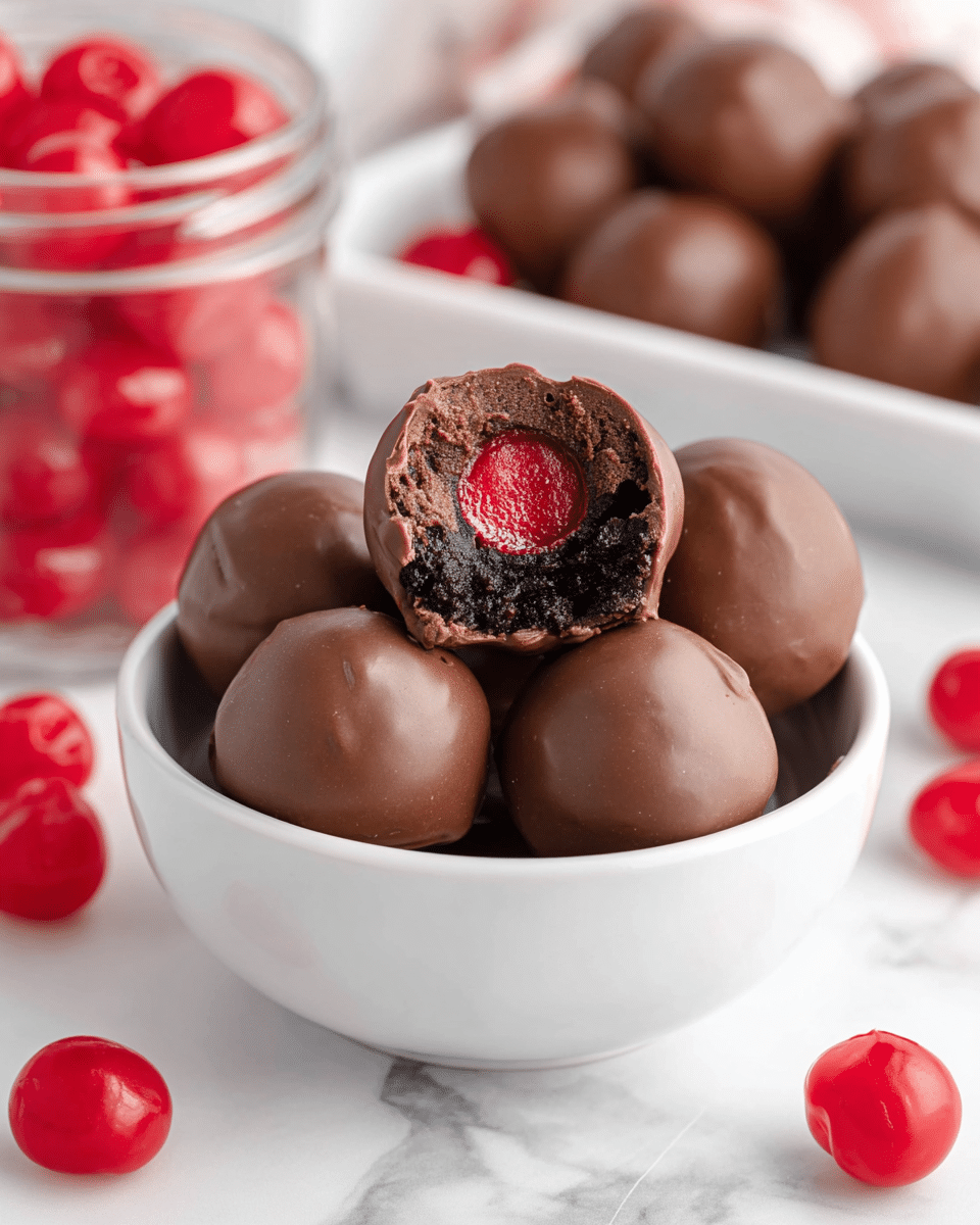 A white bowl filled with smooth, round chocolate balls with a glossy finish, one ball is bitten into revealing three layers: a bright red cherry center, surrounded by a dark, rich chocolate cake layer, all coated with a thick milk chocolate shell. The bowl is placed on a white marbled surface, with more chocolate balls on a white tray behind it, and a clear jar full of shiny red cherries to the side. Bright red cherries are scattered around the bowl, adding a pop of color and freshness. Photo taken with an iphone --ar 4:5 --v 7