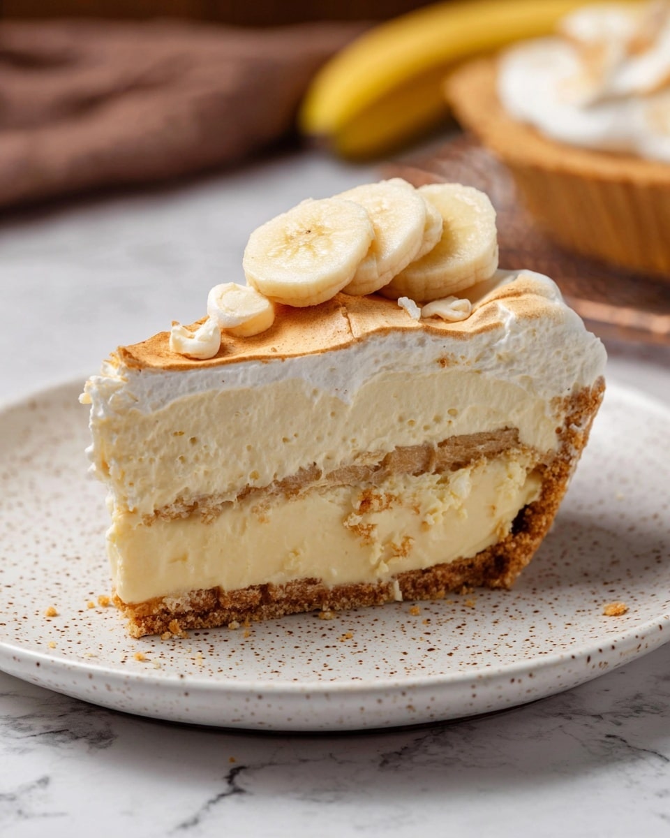 A slice of creamy banana cream pie is shown on a white speckled plate, placed on a white marbled surface. The pie has four visible layers from bottom to top: a golden brown crumbly crust, a thick pale yellow custard layer, a light whipped cream layer with small banana pieces, and a thin golden brown meringue topping with a slightly rough texture. The top is decorated with a slice of fresh banana and small pieces of meringue around the edges. Photo taken with an iphone --ar 4:5 --v 7