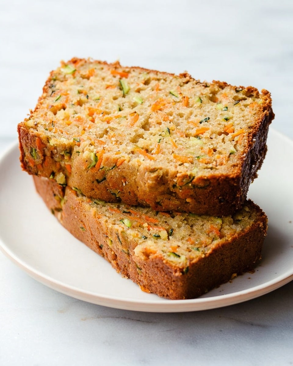 Two thick slices of vegetable bread are stacked on a round white plate. The bread has a golden-brown crust and a soft inside filled with small pieces of orange carrot and green zucchini mixed through the light brown crumb. The top slice is set slightly askew on the bottom one, showing the moist texture with tiny holes and bits of vegetable throughout. The plate sits on a white marbled surface that adds light and clean contrast to the warm tones of the bread. photo taken with an iphone --ar 4:5 --v 7