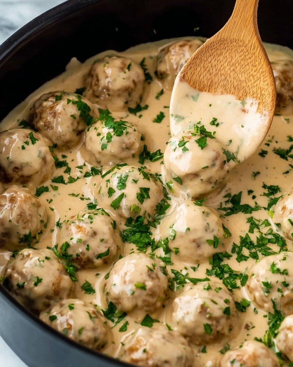 The image shows a close-up view of many smooth, round meatballs covered in a creamy beige sauce with a slightly thick texture. The meatballs are arranged closely together in a deep black pot, with a wooden spoon lifting one meatball near the top left. Bright green chopped parsley is sprinkled evenly over the meatballs and sauce, adding contrast and freshness. The photo is set against a white marbled texture. photo taken with an iphone --ar 4:5 --v 7