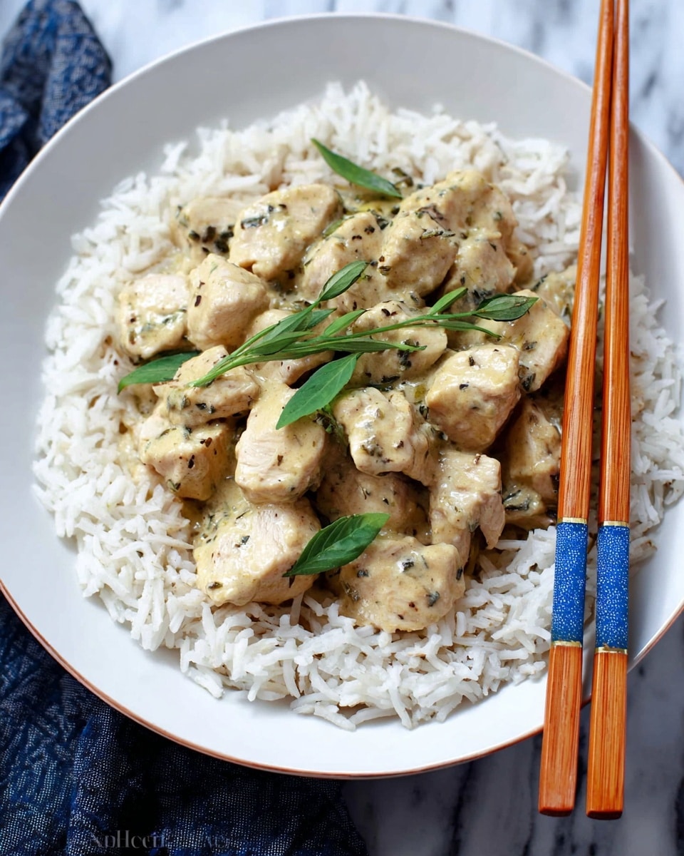 A dish on a white plate showing a bed of white rice forming a ring around the outer edge, with chunks of cooked white chicken coated in a light creamy sauce placed in the center. Green herb leaves are scattered on top of the chicken and sauce, adding a fresh touch. Two wooden chopsticks with blue and light brown detailing rest on the right side of the plate, crossing slightly over the rice and chicken. The setting has a white marbled texture background. photo taken with an iphone --ar 4:5 --v 7