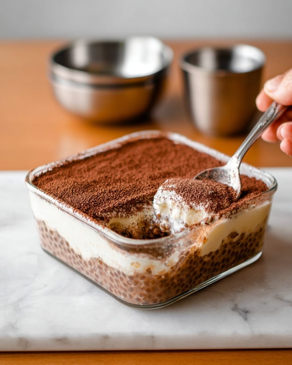 The image shows a square glass dish filled with a layered dessert placed on a white marbled surface. The dessert has three visible layers: the bottom layer is brown with small tapioca pearls, the middle layer is creamy white with a smooth texture, and the top layer is a thick dusting of dark brown cocoa powder. A metal spoon is inserted into the dessert near the right side, scooping out some of the creamy middle layer, with a woman's hand lightly holding the spoon. In the blurred background, there are two metallic bowls stacked together. The photo taken with an iphone --ar 4:5 --v 7
