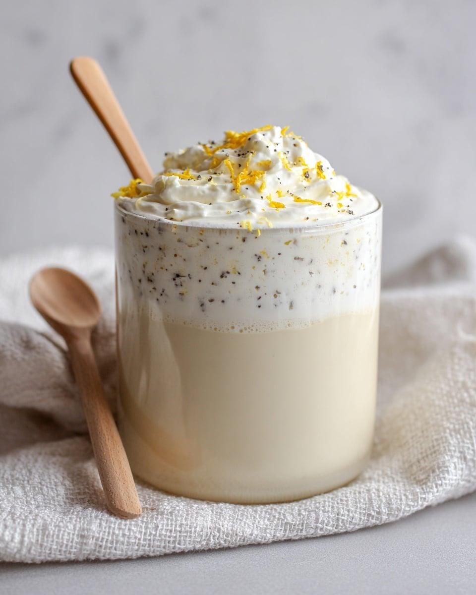 A clear glass filled with three layers: a bottom layer of creamy pale beige liquid, a middle layer of dense frothy white foam, and a top layer of thick whipped cream topped with small dark specks and bright yellow zest. The glass rests on a textured white cloth, with a simple wooden spoon leaning against its side, all set against a white marbled textured background. Photo taken with an iphone --ar 4:5 --v 7