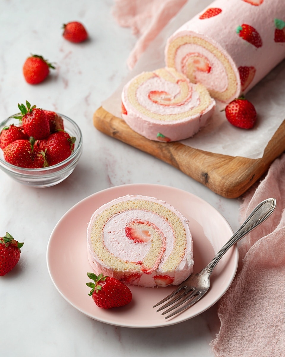A pink strawberry roll cake sliced into swirls shows two main layers: a light pink sponge cake layer with small red and green strawberry shapes embedded on the outside, and a middle layer of pale pink creamy filling spiraled inside. One slice lies on a white plate with a soft pink hue, accompanied by two fresh whole strawberries with green tops, and a silver fork resting on the edge. Nearby, the remainder of the roll cake and two more slices sit on white parchment paper over a light wooden board, with a few whole strawberries scattered around. A small clear bowl holds extra strawberries above the plate, all set on a white marbled surface with a light pink cloth nearby. photo taken with an iphone --ar 4:5 --v 7