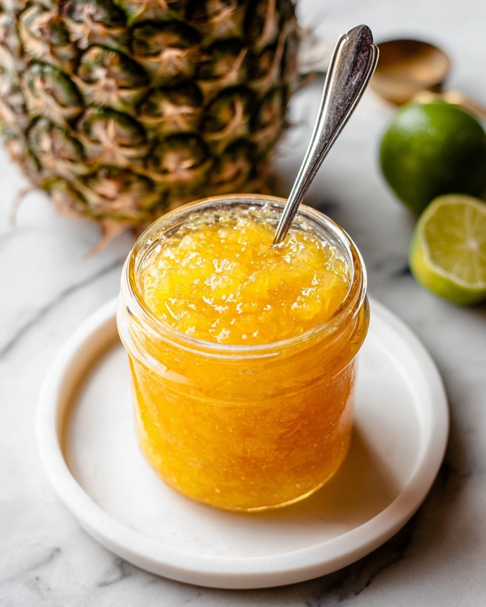 A clear glass jar filled with bright yellow-orange pineapple jam with a slightly chunky texture, showing bits of pineapple throughout, sits centered on a white round plate. A small silver spoon is dipped into the jam, resting upright inside the jar. In the background, there is a close-up of a fresh pineapple with green and brown rough skin and a hint of a lime on the white marbled surface. The overall mood is fresh and homemade. photo taken with an iphone --ar 4:5 --v 7