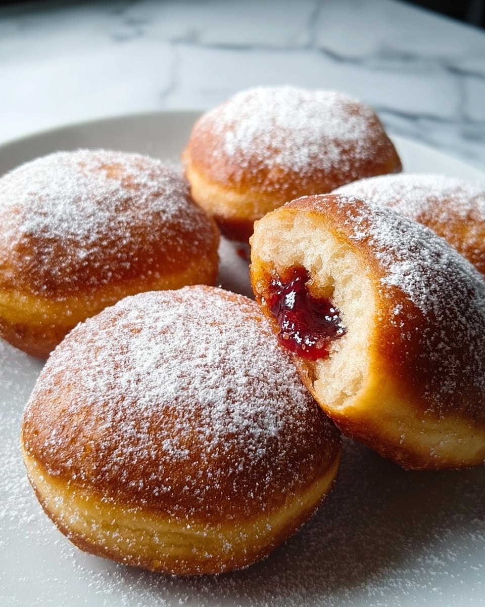 The image shows four round, golden brown doughnuts with a slightly rough texture, each dusted lightly with white powdered sugar. One doughnut is sliced open, revealing a dark red jam filling inside. The doughnuts sit on a white plate with a smooth surface, placed on a white marbled textured background. The lighting highlights the soft, fluffy interior and the crispy outer crust of the doughnuts. photo taken with an iphone --ar 4:5 --v 7