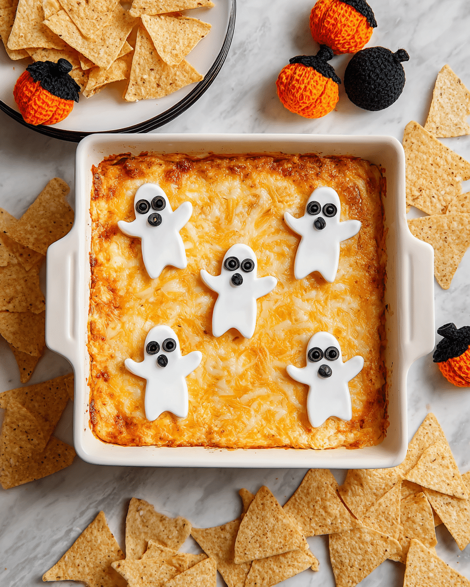 A white square baking dish filled with a baked cheesy dip that has a golden brown top layer with melted shredded cheese texture. On top of the cheese layer, there are seven white ghost-shaped cutouts evenly spaced, each decorated with two black olive slices as eyes. The dish is surrounded by light brown triangular tortilla chips scattered on a white marbled surface, with some pieces arranged on a white plate to the top left. There are also three small orange and black Halloween-themed felt decorations near the top of the dish. Photo taken with an iphone --ar 4:5 --v 7