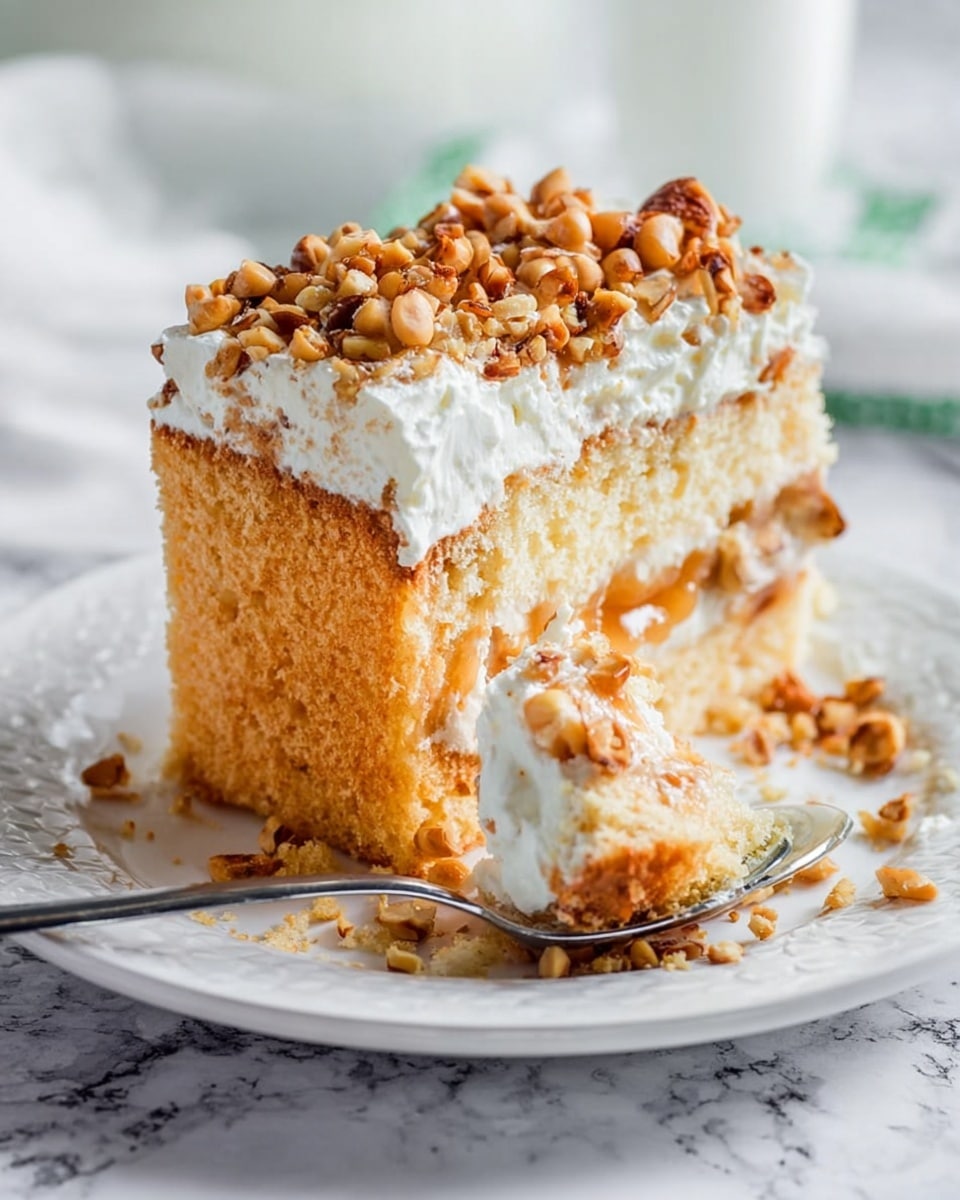 A slice of light golden sponge cake with a soft and moist texture sits on a white plate with a detailed edge. The cake has approximately three layers: the bottom layer is a fluffy sponge with visible air pockets, the middle layer shows a light caramel or syrup that has soaked into the sponge, and the top layer is thick white whipped cream covered in a generous amount of chopped nuts, which are golden brown and cover the surface unevenly. A piece of the cake is broken off and resting on a spoon with a shiny silver handle next to it. Some nuts are scattered on the plate and the scene is set against a white marbled surface. Photo taken with an iphone --ar 4:5 --v 7