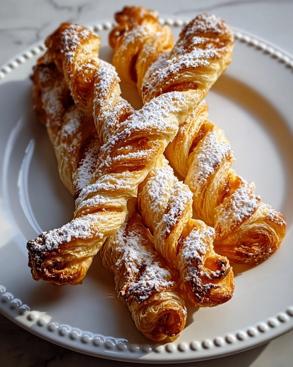 Three twisted puff pastry sticks rest close together on a white plate with a raised dotted edge. Each stick has multiple layers of golden-brown, flaky crust that glisten slightly, showing a crisp texture. The layers twist to reveal a warm amber filling peeking out at the ends and through the folds. A light dusting of white powdered sugar is sprinkled unevenly across the top of all the pastries, adding a soft contrast to the golden tones. The plate sits on a white marbled surface, and warm lighting highlights the textures and depth of the pastries. photo taken with an iphone --ar 4:5 --v 7