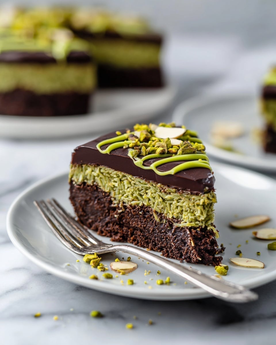 A close-up of a slice of three-layered dessert on a white plate with almond slivers scattered around. The bottom layer is dark brown and moist, looking like a thick chocolate cake base. The middle layer is green with a shredded texture, possibly pistachio-flavored or made with nuts, thick and creamy. The top layer is a smooth, glossy dark chocolate ganache with a bright green drizzle pattern and sprinkled with chopped green nuts. A silver fork lies next to the slice on the plate, which is set on a white marbled surface. In the background, the rest of the cake is partially visible on a white plate. photo taken with an iphone --ar 4:5 --v 7