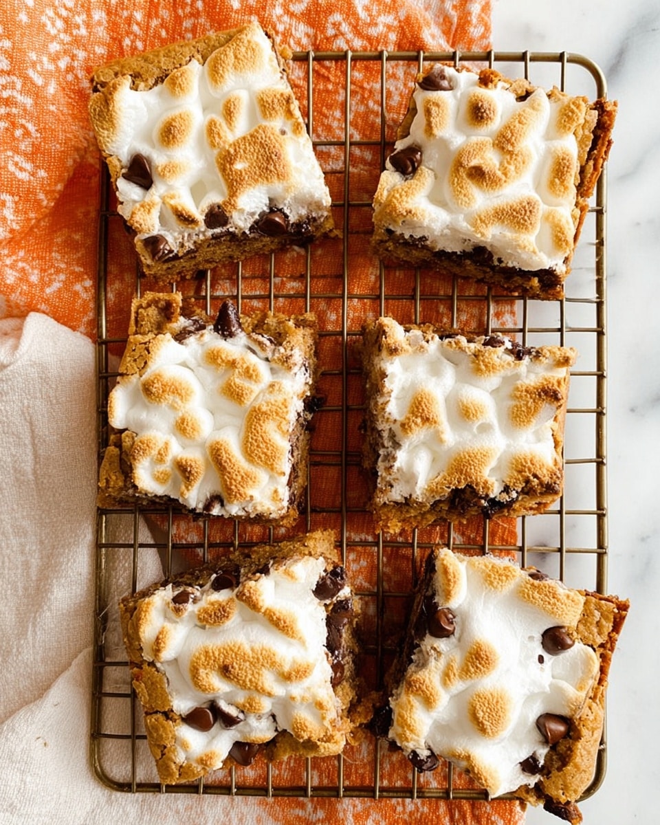 The image shows three pieces of baked dessert bars on a cooling rack over a white marbled surface with an orange and white cloth underneath. Each bar has two clear layers: a dense, golden-brown base that looks moist and soft, topped unevenly with a white layer of melted, slightly browned marshmallows scattered with dark chocolate chips that are partially melted. The bars have an irregular square shape with a slightly crumbly texture on the edges. The photo taken with an iphone --ar 4:5 --v 7