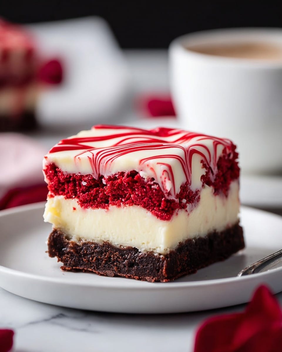 A close-up of a three-layer square dessert on a white plate set on a white marbled surface, with a spoon resting beside it. The bottom layer is dense and dark brown, resembling a brownie base with a moist texture. The middle layer is thick, smooth, and creamy white, appearing like a rich cheesecake filling. The top layer is bright red and crumbly, resembling red velvet cake crumbs with a creamy white frosting drizzled in a swirled pattern and a thin red sauce drizzled on top. Red petals are scattered around the plate on the white marbled surface. In the background, a blurred glass cup with a light-colored drink and a woman's hand holding a red petal is visible. Photo taken with an iphone --ar 4:5 --v 7