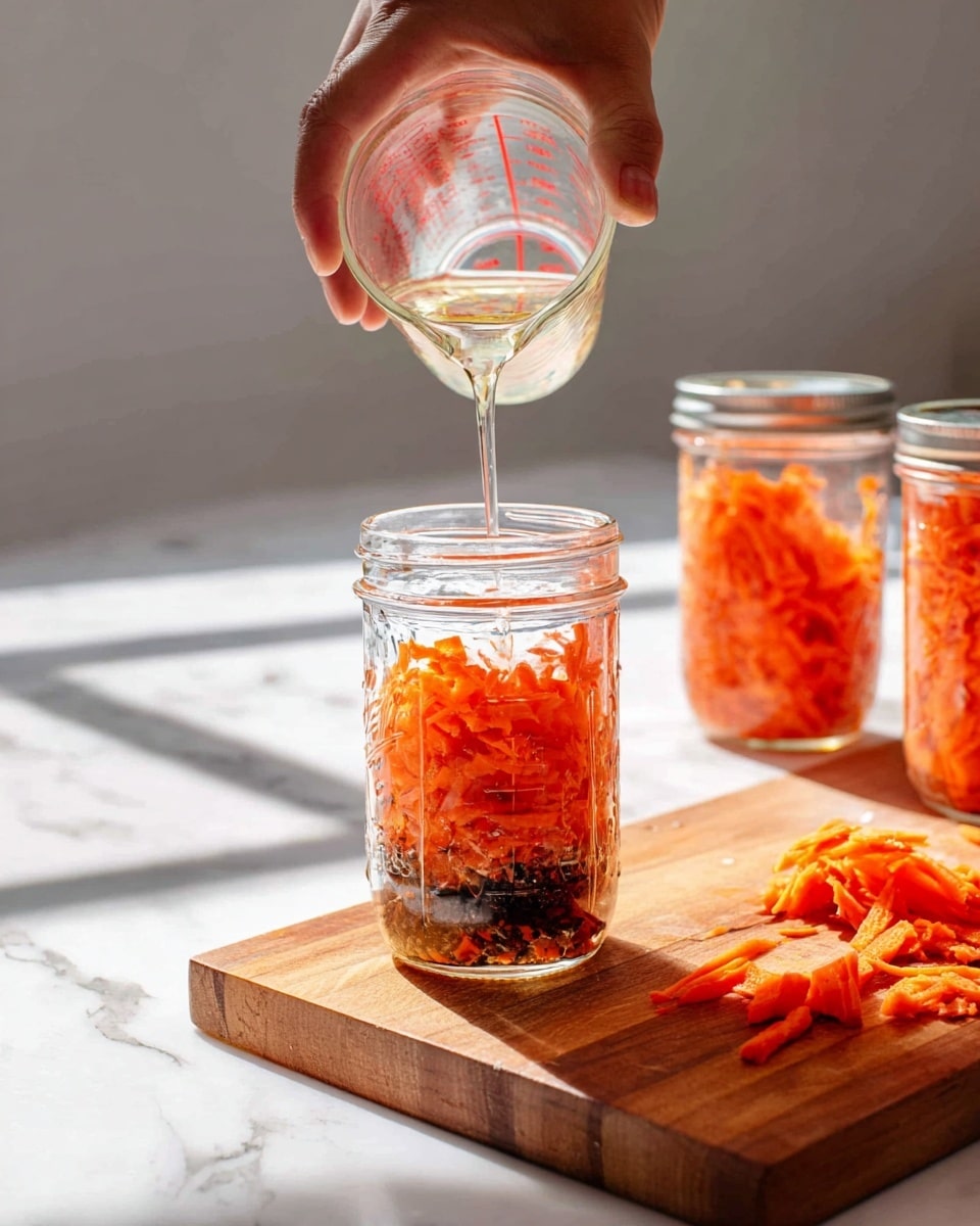 A clear glass jar filled with three layers: the bottom layer is dark with small pieces of spices and perhaps dried chilies, the middle and top layers are bright orange shredded carrots packed tightly. A woman's hand is pouring a clear liquid from a glass measuring cup into the jar. The jar is placed on a wooden cutting board with some carrot pieces nearby. In the background, two more glass jars with the same carrot mixture are visible on a white marbled surface. Soft natural light shines from the left, casting gentle shadows. Photo taken with an iphone --ar 4:5 --v 7