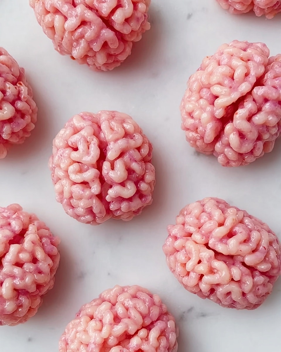 The image shows several small, brain-shaped treats made from pink rice crispy cereal. Each piece has a shiny, slightly sticky texture with tightly packed puffed rice forming a bumpy, intricate pattern that looks like brain folds. The treats are spaced out evenly on a smooth, white marbled surface, highlighting their pale pink color and glossy finish. The shapes are roughly round with a noticeable groove running down the center, adding more detail to the brain-like appearance. photo taken with an iphone --ar 4:5 --v 7