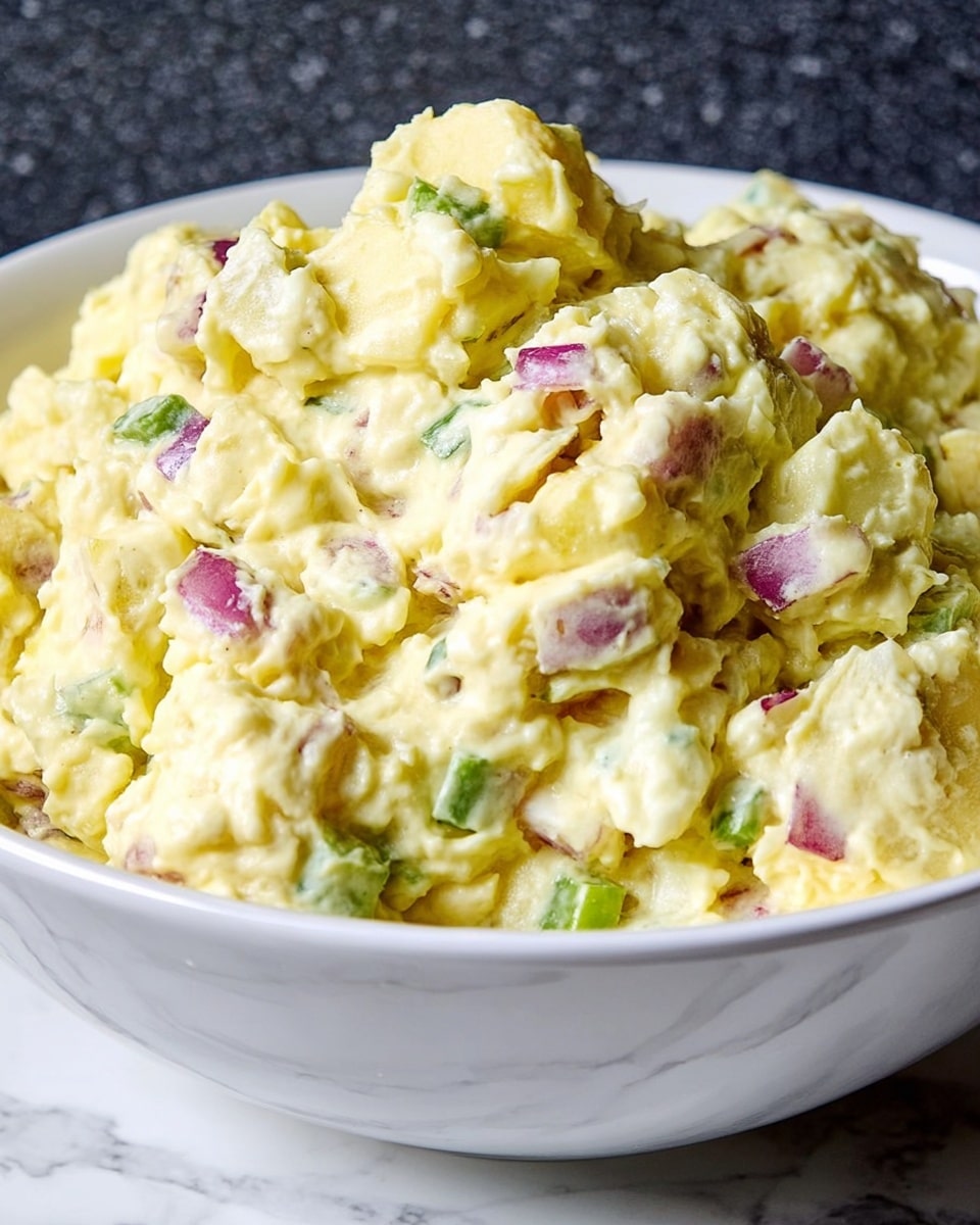A close-up view of a white bowl filled with a creamy, chunky yellow potato salad mixed with small pieces of green celery and bits of purple-red onion, all layered evenly and piled high in the bowl. The potato salad has a thick, slightly lumpy texture with visible chunks throughout, and the bowl rests on a white marbled surface, creating a clear contrast with the dish. photo taken with an iphone --ar 4:5 --v 7