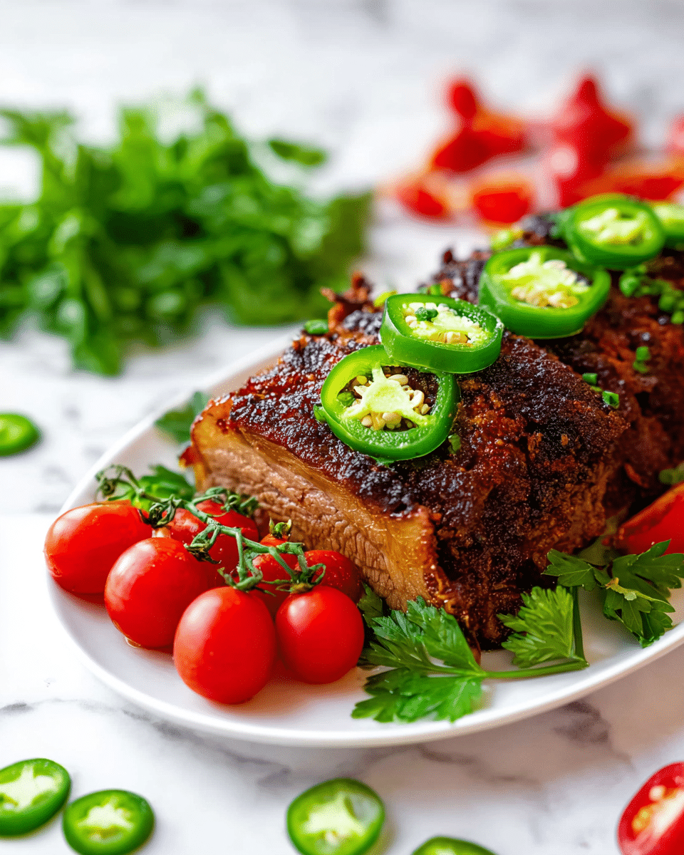 A white plate holds a thick piece of cooked meat with a dark, crispy outer layer and a slightly golden-brown base. On top, several bright green slices of jalapeño pepper with visible seeds are scattered. Surrounding the meat, fresh green parsley leaves add color and texture. On one side of the plate, a small bunch of bright red cherry tomatoes still attached to their green stem adds a pop of color. The plate sits on a white marbled surface with some whole sliced jalapeños and cherry tomatoes blurred in the background, creating a fresh and vibrant setting. photo taken with an iphone --ar 4:5 --v 7
