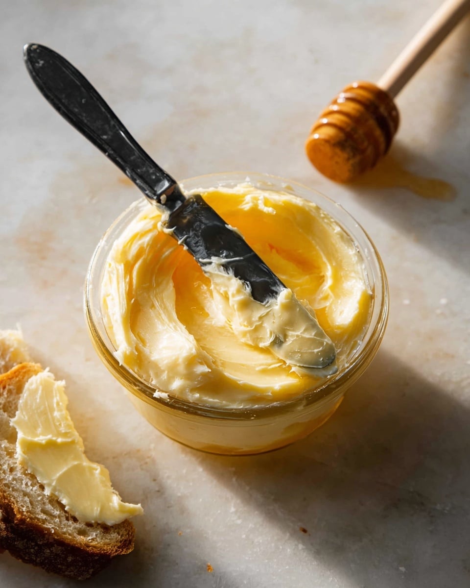 A small clear glass bowl filled with two layers: the bottom layer is creamy pale yellow butter spread, and the top layer is a swirl of golden honey with a smooth, glossy texture. A black butter knife with a silver handle rests inside the bowl, with some butter and honey mixture on the blade. Nearby on a white marbled surface, there is a wooden honey dipper and a piece of bread with butter. The lighting highlights the soft, creamy textures and warm colors of the butter and honey. Photo taken with an iphone --ar 4:5 --v 7