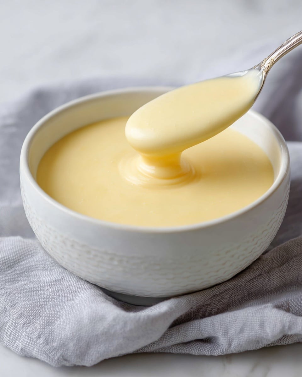 A white creamer filled with smooth, thick, golden yellow liquid that looks creamy and rich. Above the creamer, a silver spoon holds a dollop of pale, creamy white sauce or dressing with a glossy, soft texture. The whole setup is placed on a white marbled surface, creating a clean and bright background. photo taken with an iphone --ar 4:5 --v 7