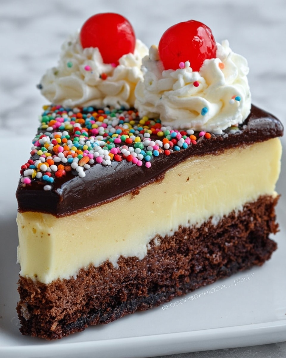 A three-layer round cake is shown on a wooden cake stand. The bottom layer is a dark brown, dense chocolate cake. The middle layer is thick and creamy, pale yellow in color, smooth in texture. The top layer is a shiny dark chocolate glaze, covered with small white whipped cream dollops evenly spaced around the edge, each topped with a bright red cherry. Colorful round and long sprinkles decorate the top layer inside the border of whipped cream. The cake is set against a softly blurred white marbled background. Photo taken with an iphone --ar 4:5 --v 7