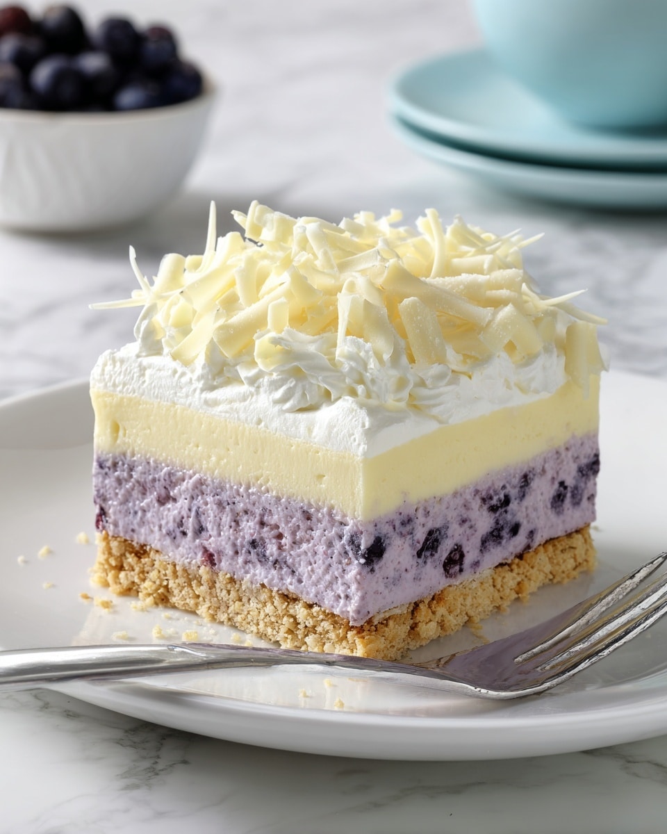 This dessert is composed of four distinct layers neatly stacked on a white plate placed on a white marbled surface. The bottom layer is a crumbly light golden crust, thick and firm. Above it lies a thick, textured layer of creamy light purple filling with visible small dark specks suggesting fruit pieces. The third layer is a smooth, solid pale yellow custard-like cream. On top, there is a fluffy, white whipped cream layer, generously covered with curled white chocolate shavings. A metallic fork rests on the plate near the dessert, and in the out-of-focus background, a white dish and a light blue bowl holding dark berries are visible. photo taken with an iphone --ar 4:5 --v 7