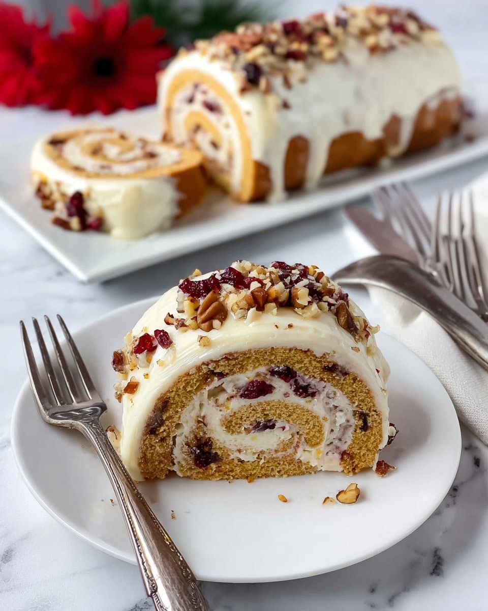 A close-up of a rolled cake slice on a white plate, showing three visible spiral layers: a light brown sponge cake filled with white creamy frosting and dotted with dark red berries and small nut pieces; the outer layer is coated with smooth white icing topped with chopped nuts and more berries. In the background, the remaining roll cake lies on a white rectangular plate with white icing and nut topping flowing slightly down the sides, placed on a white marbled textured surface. A silver fork rests beside the slice on the plate, and three additional forks and a knife are nearby, with red flowers slightly blurred in the background. Photo taken with an iphone --ar 4:5 --v 7