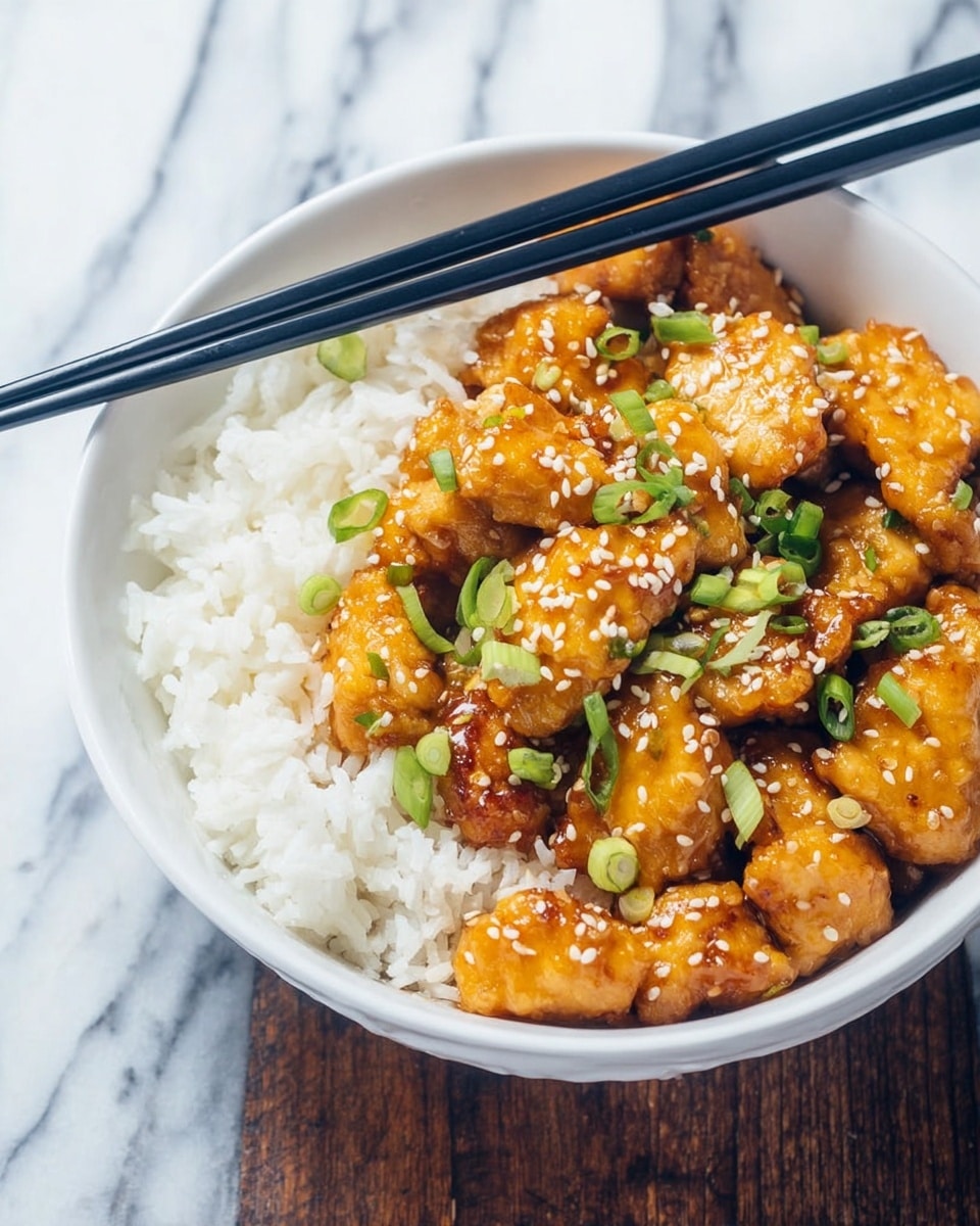 A white bowl contains two main layers: at the bottom, a layer of fluffy white rice that fills half the bowl, and on top, a layer of golden-brown glazed chicken pieces coated with a shiny sauce. The chicken is sprinkled with white sesame seeds and chopped green onions, adding small pops of white and green. A pair of black chopsticks rests across the top edge of the bowl, which sits on a white marbled surface. Photo taken with an iphone --ar 4:5 --v 7