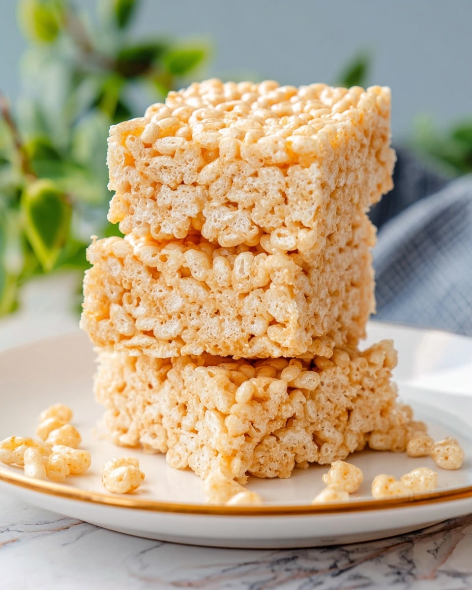 A stack of three golden-brown rice crispy treats is shown on a white plate with a gold rim, placed on a white marbled surface. Each treat is square-shaped with a slightly glossy texture on top, showing the puffed rice pieces bound together by a soft, sticky coating. Some loose puffed rice pieces are scattered around the base of the stack. The background is softly blurred with hints of green foliage, highlighting the treats as the main focus. photo taken with an iphone --ar 4:5 --v 7