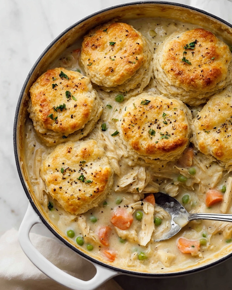 The image shows a close-up of a white skillet filled with a creamy chicken and vegetable stew, topped with four golden brown biscuits. The stew has visible layers of shredded light beige chicken, bright orange carrot slices, green peas, and small bits of herbs scattered throughout the thick off-white sauce. Each biscuit is round and fluffy, with a slightly rough texture and browned edges, topped with green parsley flakes. A metal spoon rests inside the skillet, partially submerged in the stew. The skillet is placed on a white marbled surface. Photo taken with an iphone --ar 4:5 --v 7