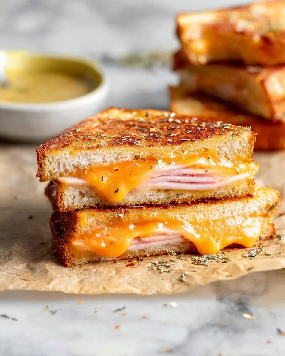 A close-up of a grilled sandwich cut into two triangular halves stacked on top of each other, each sandwich having three layers: the top layer is golden brown toasted bread with a crispy texture, the middle layer is melted orange cheddar cheese oozing out slightly, and the bottom layer is thin slices of pink ham, resting on a piece of parchment paper sprinkled with herbs. In the background, there is more of the same sandwich, and a small bowl filled with a yellow creamy dipping sauce sits nearby. The surface is a white marbled texture. Photo taken with an iphone --ar 4:5 --v 7